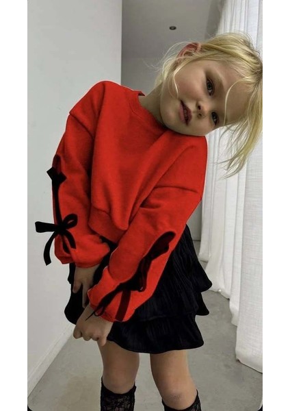 Kız Çocuk Kol Detaylı Fiyonklu Etekli Takım