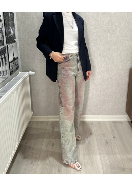 Marka Model Taşlı Bordo Yıkamalı Denim Pantolon