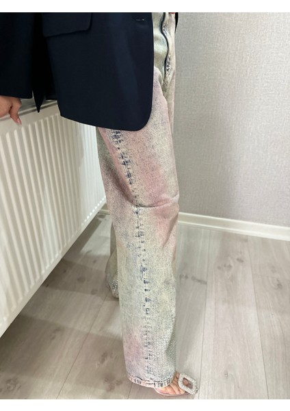 Marka Model Taşlı Bordo Yıkamalı Denim Pantolon