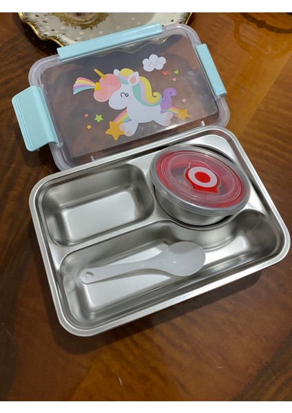 Sosluklu 3 Bölmeli Kaşıklı Yemek Kabı