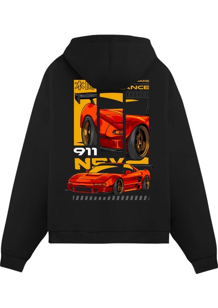 Unisex Siyah 911 Baskılı Oversize Fit Pamuklu Kapüşonlu Sweatshirt
