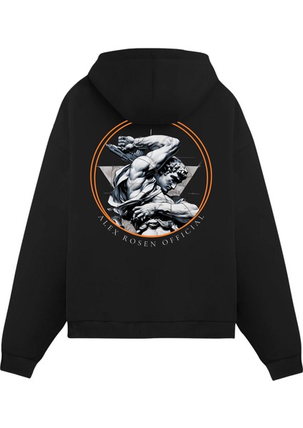 Unisex Siyah Alex Rosen Baskılı Oversize Fit Pamuklu Kapüşonlu Sweatshirt