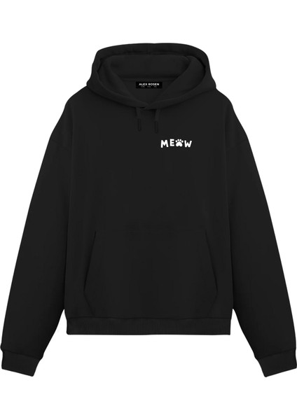 Unisex Siyah Meow Baskılı Oversize Fit Pamuklu Kapüşonlu Sweatshirt