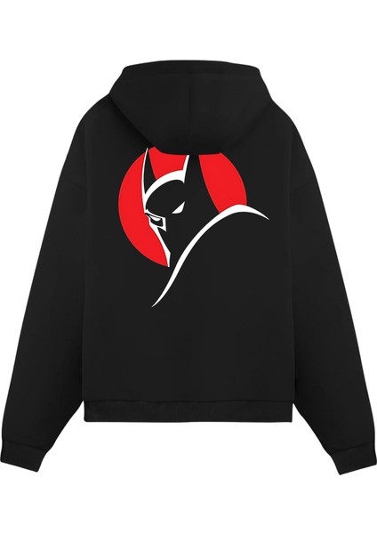 Unisex Siyah Batman Baskılı Oversize Fit Pamuklu Kapüşonlu Sweatshirt
