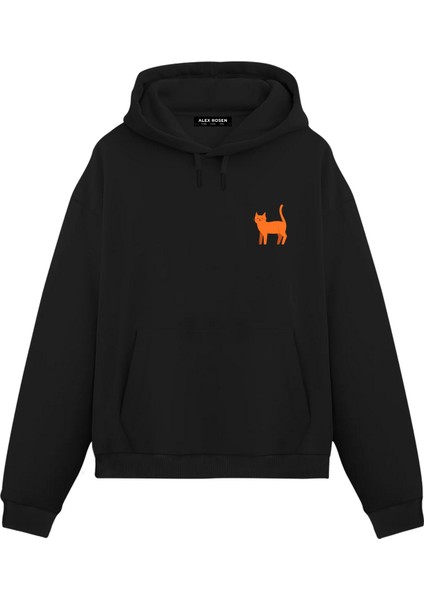 Unisex Siyah Mini Kedi Baskılı Oversize Fit Pamuklu Kapüşonlu Sweatshirt
