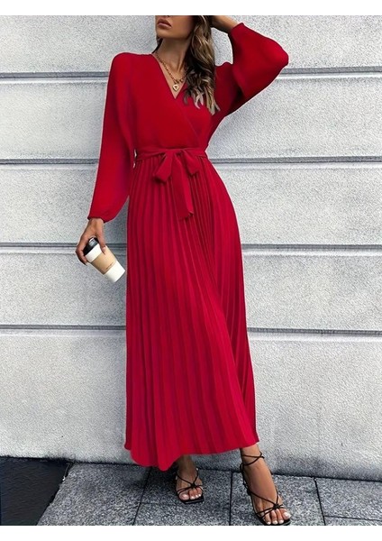 Kadın Uzun Kollu Kruvaze Yaka Belden Kuşaklı Pileli Ithal Krep Elbise fiyatları