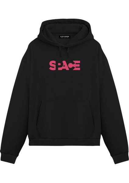 Space Baskılı Siyah Oversize Fit Pamuklu Kapüşonlu Sweatshirt