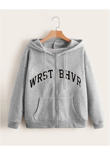 Büyük Beden Özel Tasarım Kapüşonlu Tam Fermuarlı Wrst Bhvr Baskılı Battal Erkek Sweatshırt