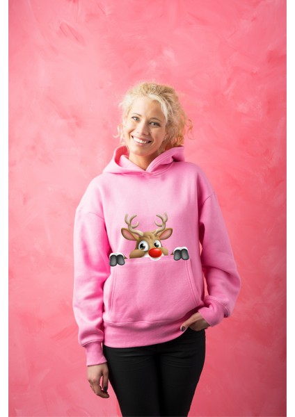 Geyik Noel Yılbaşı Tasarım Baskılı 3 Iplik Geniş Kalıp Kapüşonlu Sweatshirt