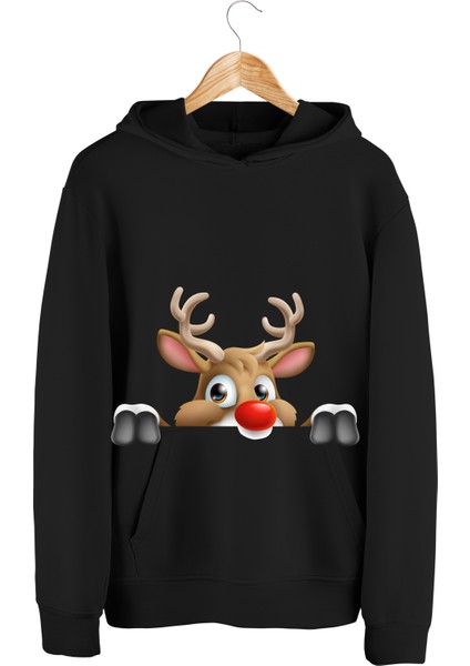 Geyik Noel Yılbaşı Tasarım Baskılı 3 Iplik Geniş Kalıp Kapüşonlu Sweatshirt fiyatları