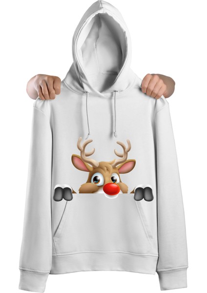 Geyik Noel Yılbaşı Tasarım Baskılı 3 Iplik Geniş Kalıp Kapüşonlu Sweatshirt