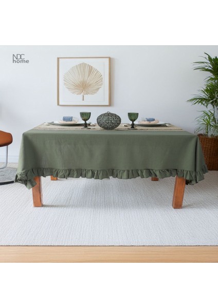 Haki Keten Fırfırlı Masa Örtüsü