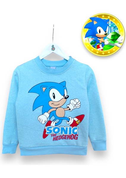 Sonic Desenli Mavi Renkli Uzun Kollu Erkek Çocuk Kışlık Şardonlu Yumuşak İç Tüylü Eşofman Takımı