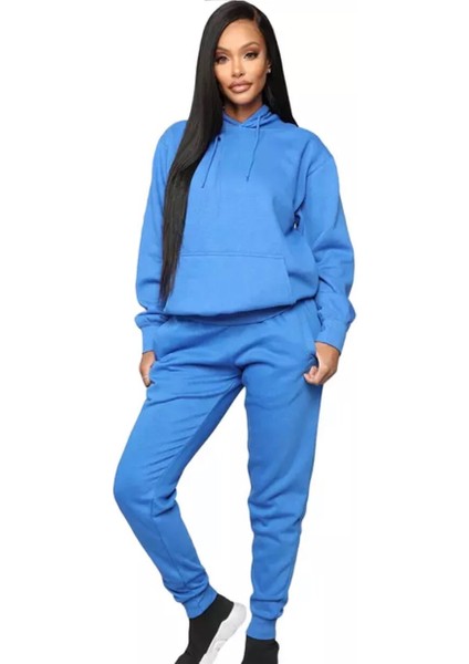 Özel Tasarım Kapüşonlu Baskısız Düz Renk Şardonlu Kışlık Oversize Kadın Eşofman Takımı