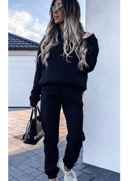 Özel Tasarım Kapüşonlu Baskısız Düz Renk Şardonlu Kışlık Oversize Kadın Eşofman Takımı