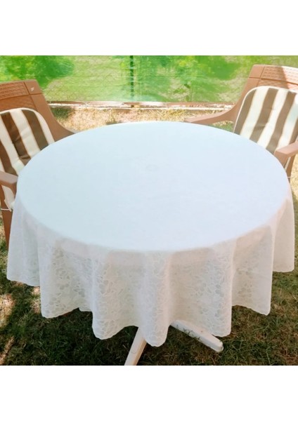 Yuvarlak Dantel Görünümlü Pvc Muşamba Mutfak Masa Örtüsü Sıvı Geçirmez Silinebilir / Ebat: 152 cm .beyaz modelleri