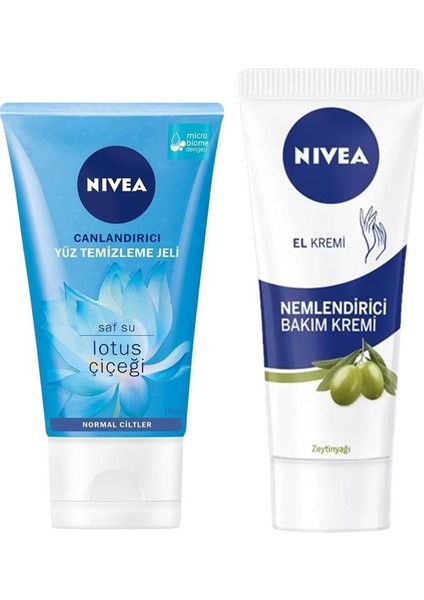 Canlandırıcı Yüz Temizleme Jeli 150 Ml, ( Saf Su ve Lotus Çiçeği ) Nemlendirici El Kremi 100 ml