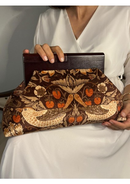 Bahram - William Morris Design, Ahşap Burslu Kumaş Portföy Çanta, Clutch, El Çantası