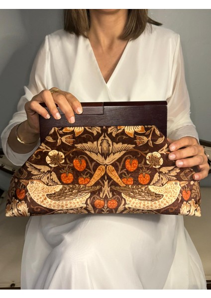 Bahram - William Morris Design, Ahşap Burslu Kumaş Portföy Çanta, Clutch, El Çantası