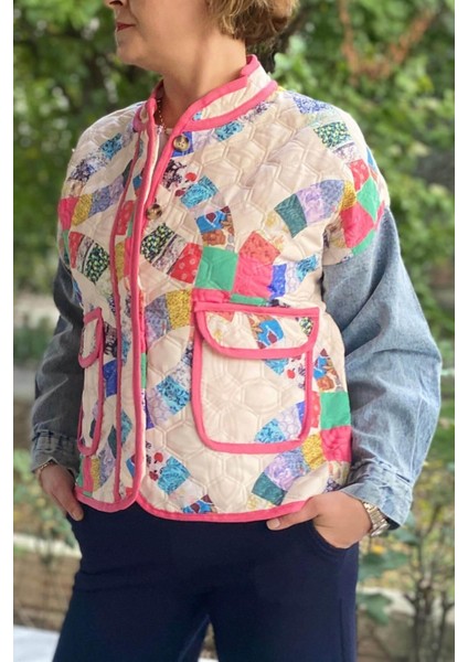 Kadın Krem Patchwork Desenli Ceket