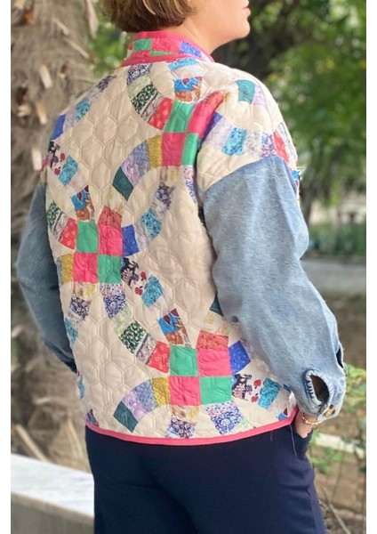 Kadın Krem Patchwork Desenli Ceket