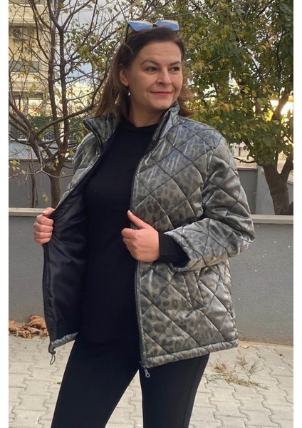 Büyük Beden Haki Leopar Desenli Mont modelleri