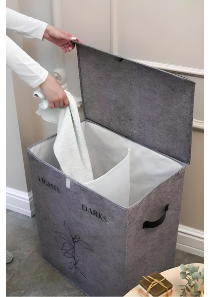 Tekno Trust Keçe Deri 2 Bölmeli Çamaşır Kirli Sepeti Çok Amaçlı Katlanır Oyuncak Saklama Hurcu Gri 53 x 33 x 60 fırsatları