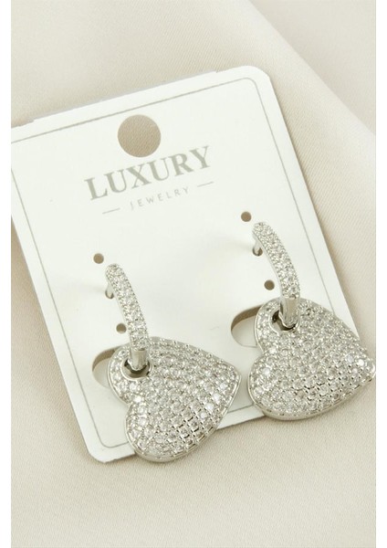 E-Bijuteri Kalp Gümüş Renk Zirkon Taşlı Lüks Küpe