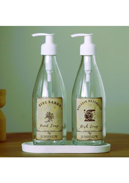 3lü Set Vintage Suya Dayanıklı Etiket Cam Şişe Bulaşık Deterjanlık Sıvı Sabun 2X330ML +Beyaz Altlık BOŞ