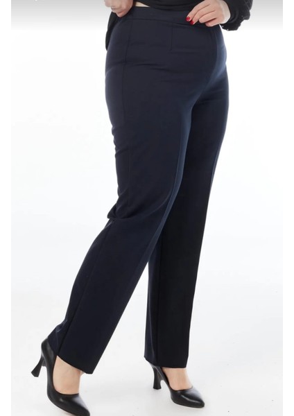 Lacivert Büyük Beden Beli Lastikli Klasik Kumaş Pantolon modelleri