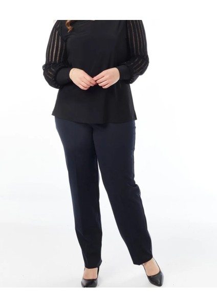 Lacivert Büyük Beden Beli Lastikli Klasik Kumaş Pantolon indirimleri