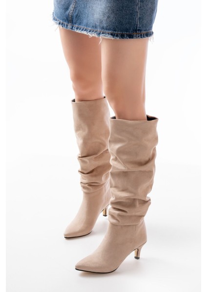 SR-2001 Bej Süet Ince Topuklu Günlük Bayan Çizme fiyatları