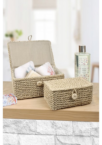 Tekno Trust Kapaklı Örgülü Sepet Kutu Seti 2 Adetli Astarlı Düzenleme Kutusu 25 x 17 x 12 cm DD014