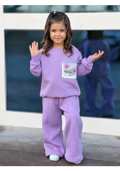 Çocuk Örme Detaylı 2li Alt Üst Eşofman Takımı Lila Renk Ispanyol Model fiyatları