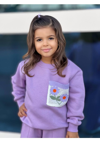 Çocuk Örme Detaylı 2li Alt Üst Eşofman Takımı Lila Renk Ispanyol Model modelleri