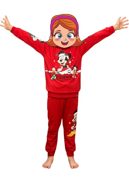 Baskılı Pamuk Kız Çocuk Yeni Yıl Pijama Takımı (Minnie Mouse)