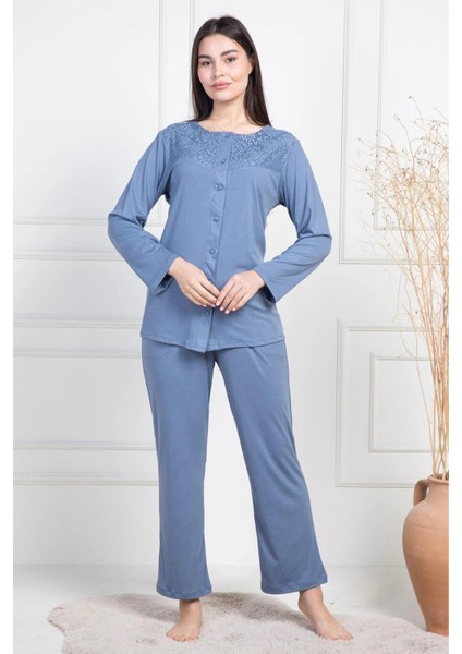 Büyük Beden Boydan Düğmeli Pijama Takımı
