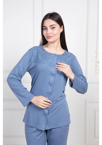 Büyük Beden Boydan Düğmeli Pijama Takımı