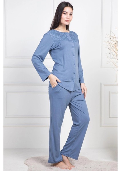 Büyük Beden Boydan Düğmeli Pijama Takımı