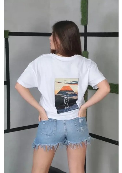 Unisex Bisiklet Yaka Baskılı Oversize T-Shirt- Beyaz