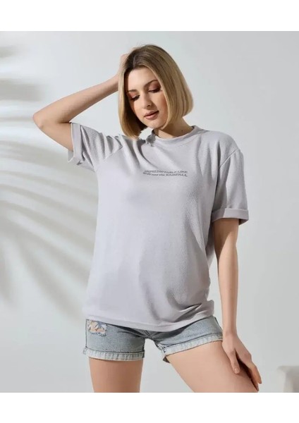 Unisex Bisiklet Yaka Baskılı Slim Fit T-Shirt - Boyalı Gri