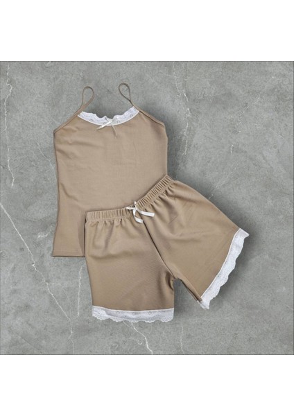 Kadın Ten Fitilli Ip Askılı Şortlu Takım Gecelik Pijama Takımı
