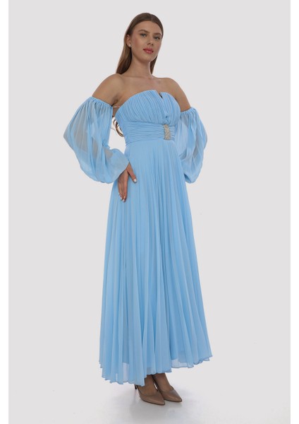 Şifon Piliseli Uzun Aksesuar Detaylı Elbise