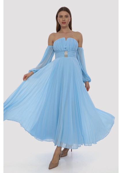 Şifon Piliseli Uzun Aksesuar Detaylı Elbise fiyatları