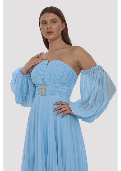 Şifon Piliseli Uzun Aksesuar Detaylı Elbise fırsatları