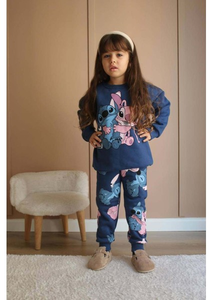 Kız Çocuk Stitch Modelli 3 Iplik Şardonlu Kalın Kışlık Eşofman Takımı