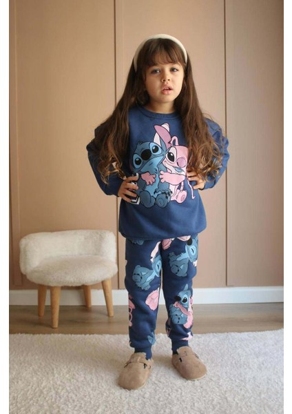 Kız Çocuk Stitch Modelli 3 Iplik Şardonlu Kalın Kışlık Eşofman Takımı