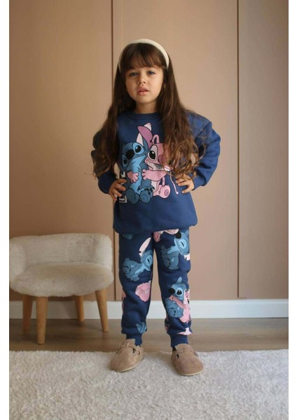 Kız Çocuk Stitch Modelli 3 Iplik Şardonlu Kalın Kışlık Eşofman Takımı