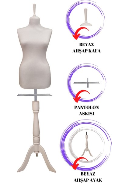 Ahşap Beyaz Ayaklı 36 Beden Beyaz Kumaşlı Terzi Mankeni Vitrin Mankeni Iğne Batmaz