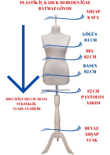 Ahşap Beyaz Ayaklı 36 Beden Beyaz Kumaşlı Terzi Mankeni Vitrin Mankeni Iğne Batmaz fiyatları